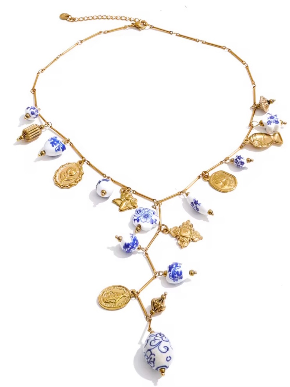 Gold-Tone Necklace with Blue & White Porcelain Charms
